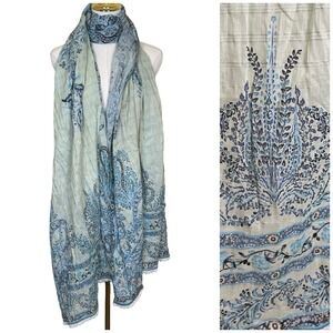 KHAADI Long Blue Paisley Print Lightweight Cotton Scarf Wrap Lace Trim Boho